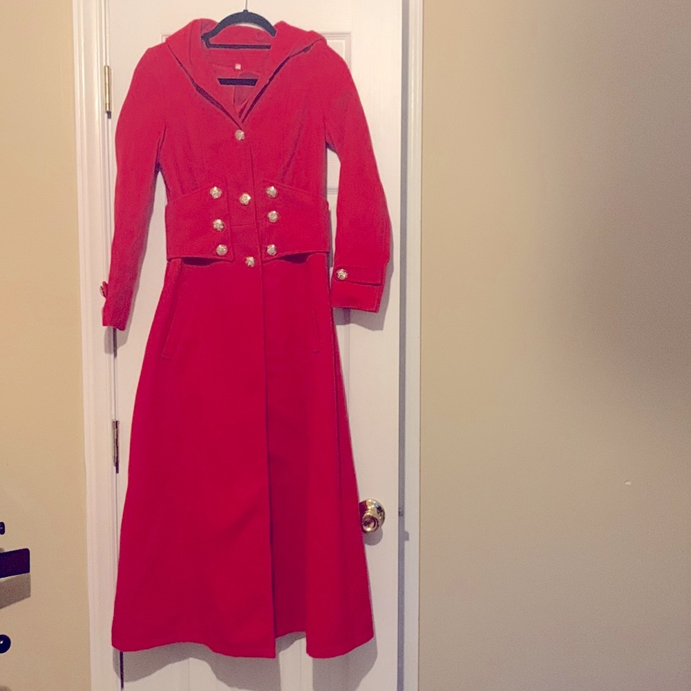 Long red coat. Pea coat
